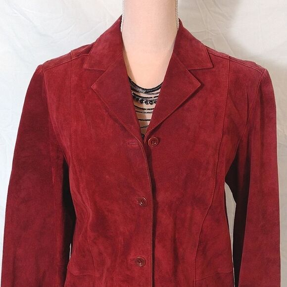 VTG 90s Red Genuine Leather Suede Single Breasted Blazer Jacket Medium - Picture 3 of 15